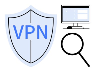 Korunmayı simgeleyen VPN metin kalkanı, veri pencerelerini gösteren monitör, odak noktasını büyüten cam ve internet gizliliği. Siber güvenlik, gizlilik, teknoloji ve internet güvenliği için ideal