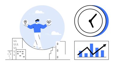 Fikirleri ve takım çalışmasını dengeleyen kişi, saat, bar grafiği ve şehir binaları. İş stratejisi, büyüme, zaman yönetimi, yenilik, takım çalışması üretkenliği için ideal basit düz metafor