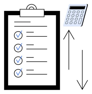 Kontrol listesi, hesap makinesi, yukarı ve aşağı okları olan pano görev önceliklerini, bütçeyi, organizasyonu, verimliliği, değerlendirmeyi, iş akışını ve finansal planlamayı vurguluyor. Basit bir daire için ideal