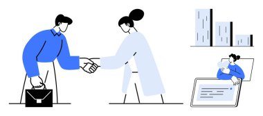 İş birliğini sembolize eden iki kişi, bir belge üzerinde çalışan uzaktan çalışan bir çalışan, arka planda binalar. Takım çalışması, iş, sözleşme, uzaktan çalışma ve ağ kurmak için ideal