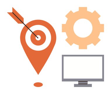Hedef, dişli simgesi ve hedef belirleme, analiz ve sistem optimizasyonunu temsil eden bilgisayar monitörü olarak ok işaretleyici pimi. Strateji, üretkenlik, planlama ve karar verme için ideal