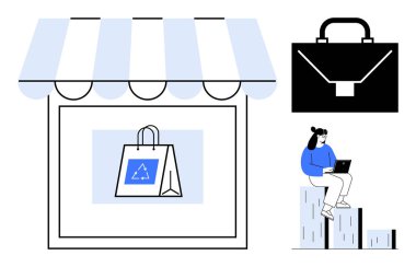 Geri dönüşüm çantası, iş simgeleyen evrak çantası ve dizüstü bilgisayar kullanarak barlarda oturan bir kişi. Sürdürülebilirlik, e-ticaret, iş büyümesi, çevrimiçi perakende, uzaktan çalışma için ideal