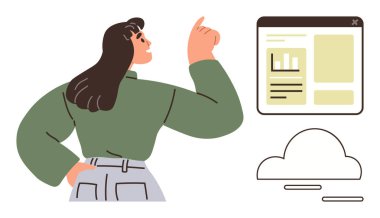 Yeşil bluzlu bir kadın bir bulut ikonu eşliğinde çizelgeler ve metinlerle dijital bir gösterge panelini işaret ediyor. Teknoloji, analitik, bulut hesaplama, veri görselleştirme, takım çalışması, eğitim için ideal
