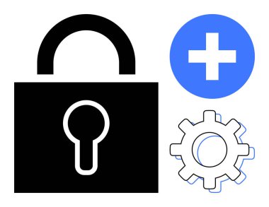 Mavi dişlinin yanında siyah kilit sembolü ve artı işareti veri güvenliğini, sistem kurulumunu ve özellik geliştirmeyi çağrıştırıyor. Siber güvenlik, gizlilik, teknolojik güncellemeler, yapılandırma, yazılım, güvenlik duvarı için ideal