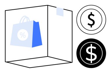 Mavi alışveriş torbası açık kutunun içinde indirimli bir sembol ve yanında siyah beyaz dolar sembolleri var. E-ticaret, perakende satış, indirim, dağıtım, çevrimiçi satış, promosyon, basit düz metafor