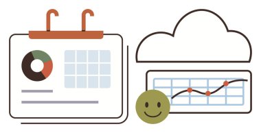 Turta grafiği ve çizelgesi olan takvim, veri noktaları olan çizgi üzerinde bulut ve mutlu yüz. Planlama, analitik, takım çalışması, büyüme, teknoloji, üretkenlik için ideal basit düz metafor