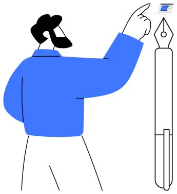 Dijital tabletle büyük bir kalem ucunun yanında etkileşim halinde olan bir adam. Yaratıcılık, yenilik, teknoloji, tasarım, yazım, eğitim ve öğrenim için ideal. Basit düz metafor