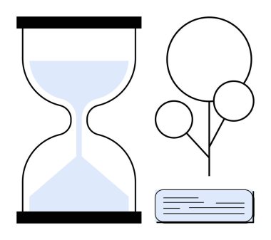 Zaman akışını simgeleyen kum saati, minimalist ağaç dizaynını ve kişisel not veya bilgiyi simgeleyen metin bloğunu simgeliyor. Zaman yönetimi, büyüme, öğrenme, farkındalık ve ilerleme için ideal
