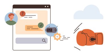 Kullanıcı ve sohbet robotu avatarlarıyla mesaj arayüzü, konuşma detayları, çatışma için boks eldiveni metaforu. Teknoloji, iletişim, yapay zeka, destek, çatışma çözümü ve yenilik için ideal