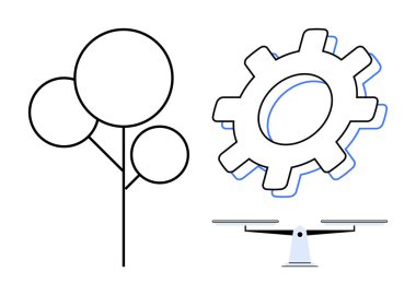 Dişliler, ağaç, doğayı sembolize ediyor, ve kuadkopter teknoloji ve çevreyi birleştiriyor. Sürdürülebilirlik, yenilik, otomasyon, çevre dostu çözümler, teknoloji çevresi dengesi, mühendislik için ideal