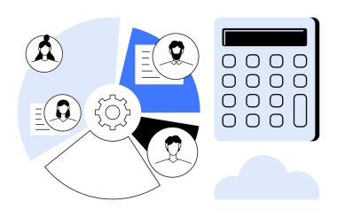 Dişli sembollü pasta grafiği, daire şeklinde kullanıcı profilleri ve hesap makinesinin yanındaki belgeler. Takım çalışması, bütçe planlaması, iş analizi, proje yönetimi, mali strateji ve veri paylaşımı için ideal