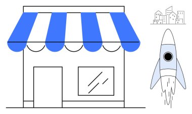 Çizgili güneşlik, yakınlarda roket fırlatma ve şehir çizgisi olan bir mağaza önü. Başlangıç için ideal başarı, girişimcilik, büyüme stratejisi, yenilik, iş geliştirme, genişleme sade düz
