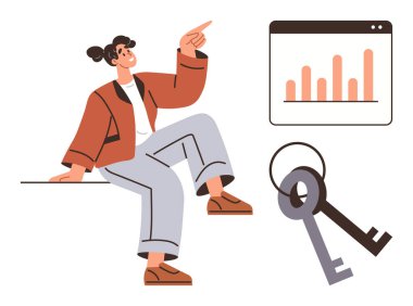 Kadın güvenli bir şekilde oturuyor, tarayıcı penceresindeki bir grafiği işaret ediyor. Yakınlardaki anahtarlar erişim ve fırsat olduğunu gösteriyor. İş için ideal, analiz, strateji, başarı, liderlik, motivasyon basit