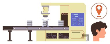 Robot kol teftiş kutuları, kontrol paneli, işçilerin baş silueti ve yer işaretleyicisi olan fabrika taşıyıcısı. Otomasyon, robot bilimi, lojistik, kalite ve üretim yenilikleri için ideal