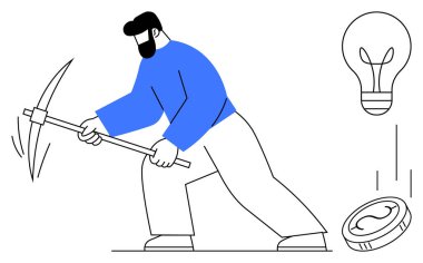 Madencilik yaparken kazma sallayan adam, fikirleri sembolize eden ampul ve şifreli para. Yenilik, kripto para birimi, dijital ekonomi, engelleme zinciri, teknoloji, sıkı çalışma madenciliği için ideal