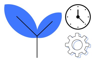 Mavi yapraklar, zamanı ve verimliliği temsil eden saat ve teçhizatın yanında büyümeyi simgeliyor. Sürdürülebilirlik, verimlilik, ekoloji, planlama, takım çalışması, yenilik, çevre dostu kavramlar için ideal