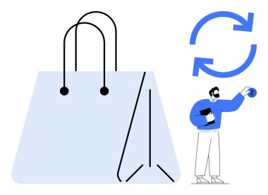 Büyük bir alışveriş torbası ve geri dönüşüm okları, elinde ürünler olan bir adam, çevre dostu ticareti destekliyor. Sürdürülebilirlik, alışveriş, yeniden kullanım, geri dönüşüm, çevre bilinci, ticaret ve çevre için ideal