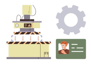 Üzerinde uyarı işaretleri, vites grafikleri ve portre ve metin olan bir kimlik kartı olan bir endüstri makinesi. Güvenlik, otomasyon, kimlik doğrulama, endüstri, teknoloji ve imalat güvenliği için ideal