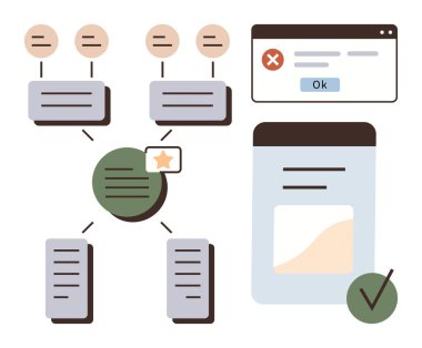Bağlantılar, yıldız derecelendirmesi, hata iletisi penceresi ve onay kutusuna sahip akış şeması. İş akışı, yönetim, organizasyon, karar verme, web tasarım kullanıcısı için ideal