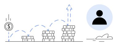 Yükselen bozuk para yığınları, dolar para yörüngesi, kullanıcı simgesi, soyut bulutlar. Finans, yatırım, tasarruf, ekonomik büyüme stratejisi iş başarısı için idealdir. Basit bir daire.
