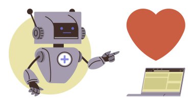 Tıbbi sembolü olan robot kırmızı bir kalbe ve laptop ekranına işaret ediyor, insan-teknoloji etkileşimini, yapay zeka empatisini, teletıp, yenilik, sağlık, sağlık ve teknolojiyi simgeliyor. İdeal