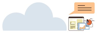 Dizüstü bilgisayardaki, tabletteki ve yazılı konuşma baloncuğundaki analitik panelin yanında büyük bulut şekli. Bulut teknolojisi, veri depolama, iletişim, işbirliği, analitik ve iş stratejisi için ideal