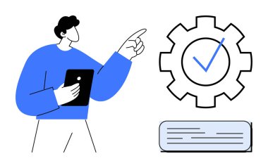 Görev yönetimi, iş akışı, verimlilik, onay, kalite kontrol, takım çalışması ve verimliliği temsil eden tabletli bir adam. İş ekibi için ideal.