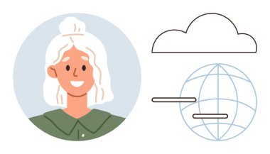 Profil çemberindeki gülümseyen kadın, çizgileri olan soyut dünya ve bulut grafiği. Ağ oluşturma, iletişim, bulut hesaplama, küresel bağlantı, uzaktan kumandalı takım çalışması teknolojisi için idealdir. Basit.