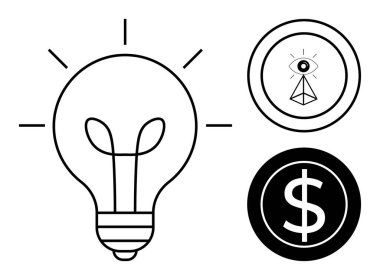 Işıklı ampul, üçgen içinde göz ve dolar sembollü çember. Yenilik, finans, yaratıcılık, vizyon, strateji yatırımları ve başarı temaları için ideal. Basit düz metafor