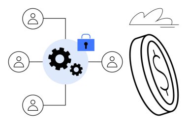 Bağlı profiller, kilitli dişliler ve bir dolar para takım çalışmasını, güvenli süreçleri ve finansal başarıyı sembolize eder. Bankacılık, fintech, yenilik, güvenlik ağı işbirliği için ideal