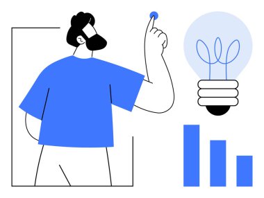 Altında çubuk grafiği olan parlayan bir ampulü işaret eden bir kişi. Yenilik, beyin fırtınası, iş büyümesi, yaratıcılık, strateji, analitik ve takım çalışması için ideal. Basit düz metafor