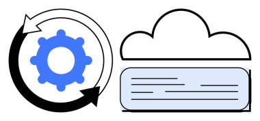 Etrafı oklarla çevrili olan teçhizat, depolanmış verileri simgeleyen bir bulut sembolünün yanında senkronizasyonu gösteriyor. Otomasyon, bulut hesaplama, veri yedekleme, senkronizasyon ve teknoloji için ideal