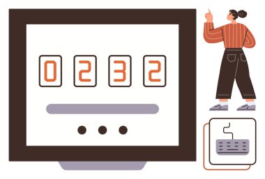 Ekranda dört rakamlı dijital sayaç, kadın işaret ediyor ve gözlemliyor, klavye ve kablolar. Üretkenlik, teknoloji, veri takibi, analitik, teknoloji eğitimi yazılım kullanımı için idealdir.