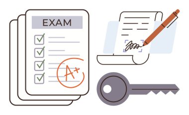 Sınav kağıdında kontrol işaretleri ve A notu var. Kalem ve anahtarla imzalanmış kağıt. Eğitim, test, başarı, başarı, sertifika değerlendirme öğrenimi için idealdir. Basit bir düz metafor.