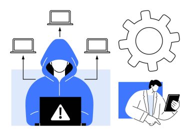 Uyarı ekranlı bir kapüşonlu bilgisayar korsanı laptoplar arasında veri alışverişi tabletli danışman ve bir vites. Siber tehdit farkındalığı, bilişim güvenliği, danışmanlık, veri koruması, sistem için ideal