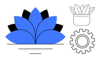 Mavi ve siyah yapraklı nilüfer çiçeği, minimalist bir dişli, ve bir demlik çizgisi. Büyüme, yenilik, sürdürülebilirlik, farkındalık, yaratıcılık stratejisi dengesi temaları için idealdir. Basit düz