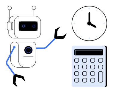 Saate ve hesap makinesine bakan sevimli robot teknolojiyi, verimliliği ve verimliliği vurguluyor. Otomasyon için ideal, yapay zeka, zaman yönetimi, yenilik, problem çözme, basit bir daire planlama