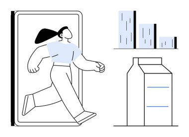 Akıllı telefondan çıkan kadın geçişi ya da evrimi, veri analizini gösteren mavi çizelgeyi ve ambalajı ya da ürünü simgeleyen kutu elemanını simgeliyor. Teknoloji, büyüme ve yenilik için ideal