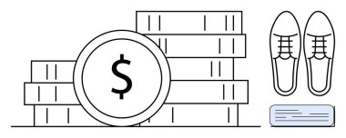 Klasik ayakkabı ve çekin yanında dolar işareti olan bozuk para yığınları. Finans, kişisel bütçe, finansal planlama, iş hayatı dengesi, tasarruf, kariyer büyümesi ve zenginlik için ideal. Basit düz