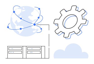 Bağlantı düğümlerine sahip dünya, ayarları veya süreçleri sembolize eden dişli, bulut grafiği ve iki veri sunucusu. Teknoloji, bilişim altyapısı, ağlar, bulut çözümleri, küresel bağlantı için ideal