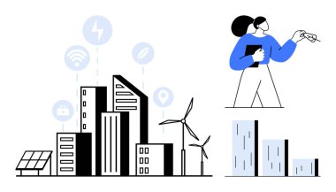 Güneş panelleri, rüzgar türbinleri, akıllı teknoloji ikonları olan şehir silueti. Verileri analiz eden kişi. Sürdürülebilirlik, yenilenebilir enerji, akıllı şehir, yenilik, teknoloji kentleşmesi için ideal