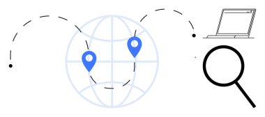 Konum lobutları, büyüteç, laptop ve küresel arama, seyahat ya da bağlantıları temsil eden kesik çizgilerle dolu bir dünya. Yön bulma, araştırma, ekommerce teknolojisi küreselleşmesi için ideal