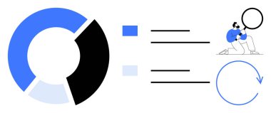 Mavi, siyah ve açık mavi renkte dairesel pasta grafiği, efsane, büyüteçle analiz eden kişi, ve ok sembolize döngüsü. Veri analizi, iş dünyası, takım çalışması büyüme süreci araştırması için ideal