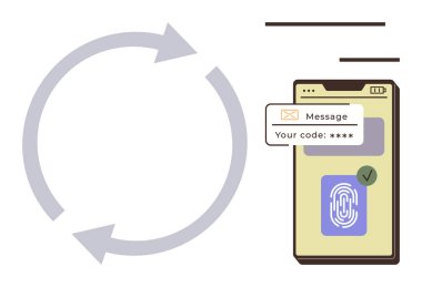 Dairesel okların yanında parmak izi taraması ve doğrulama kodu gösteren akıllı telefon. Güvenlik, kimlik denetimi, siber güvenlik, mobil uygulamalar, gizlilik, teknoloji ve veri koruması için ideal