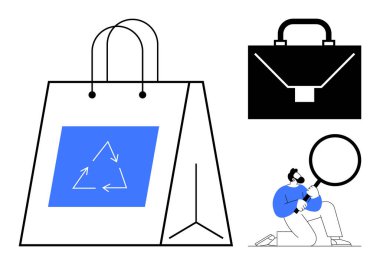 İçinde mavi geri dönüşüm sembolü olan bir alışveriş çantası, siyah bir çanta ve büyüteçli bir figür. Sürdürülebilirlik, iş stratejisi, eko-ticaret, araştırma, geri dönüşüm, çevrecilik için ideal