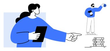 Elinde tablet tutan bir kadın, elinde belgeler ve kitapların yanında bir dünya tutan bir adamla ilişki kurarken. Takım çalışması, liderlik, eğitim, iletişim, strateji, işbirliği için ideal