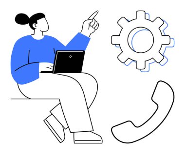 Dizüstü bilgisayarı olan bir kadın teçhizat ve telefon alıcısının yanında, takım çalışması, problem çözme, iletişim, teknoloji, müşteri desteği, beyin fırtınası ve basit bir verimlilik öneriyor.