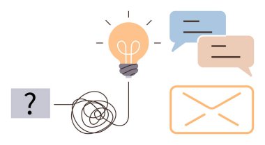 Karışık hat parlayan ampullere, konuşma baloncuklarına ve zarfa götürür. Yaratıcılık, problem çözme, yenilik, beyin fırtınası, iletişim mesajı netliği için idealdir. Basit düz metafor