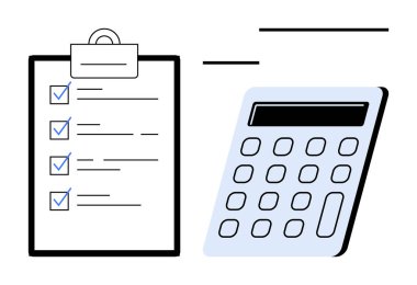 Tamamlanmış kontrol listesi ve düğmeleri gösteren dijital hesap makinesi olan pano. Üretkenlik, organizasyon, finansal planlama, bütçe hesaplaması, denetleme, analiz, görev takibi için idealdir. Basit bir daire.