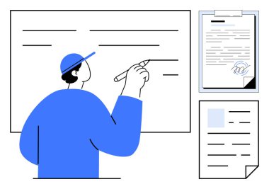 Yanında belgeler olan bir beyaz tahtaya yazı yazan bir kişi. Eğitim, strateji, planlama, beyin fırtınası, organizasyon, iş analizi ve belge kavramları için idealdir. Basit bir daire.
